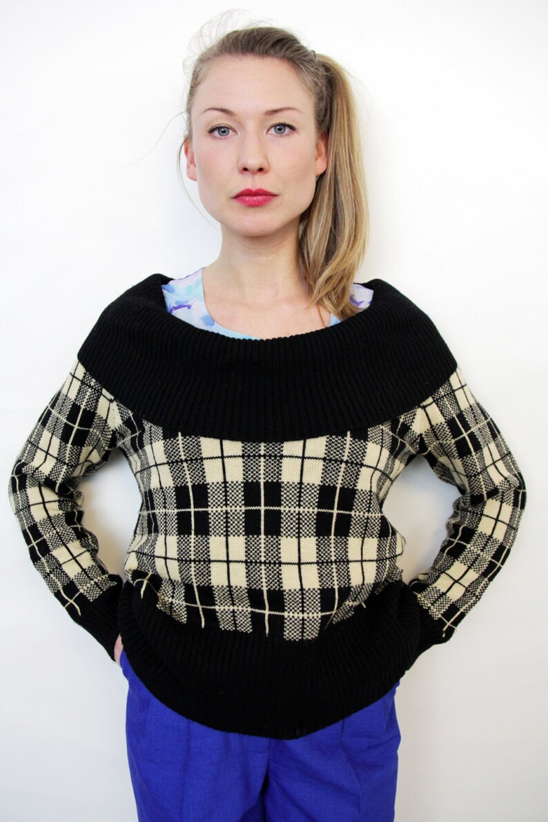 Vintage Black and Cream Plaid Cowl Neck Sweater image 3