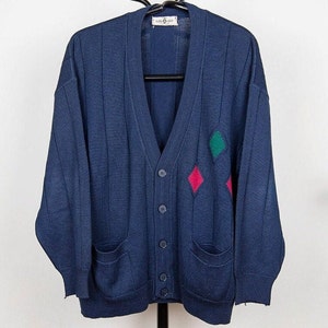 Vintage Navy V Neck Mens Knit Cardigan