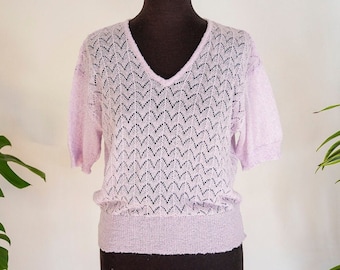 Vintage Pastel Purple Loose Knit Short Sleeve Sweater Top