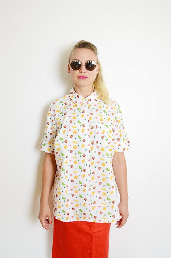 Vintage Oversized White Colorful Fruit Print Butto