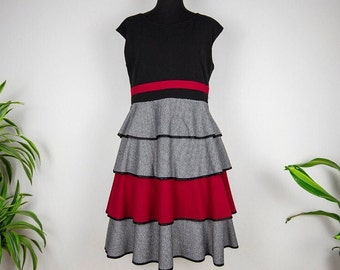 Vintage Red Black and Grey Ruffle Skirt Sleeveless Dress