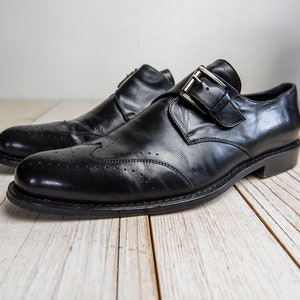 Vintage Mens Classic Black Leather Wingtip Dress Buckle Oxford Shoes image 6