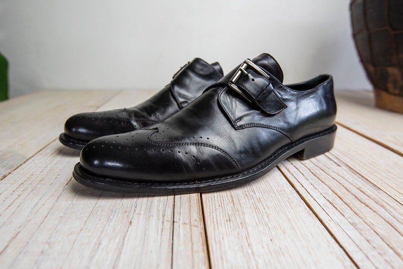 Vintage Mens Classic Black Leather Wingtip Dress Buckle Oxford Shoes image 6