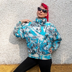 Vintage Blue and White Triglav Busy Print Puffer Ski Jacket