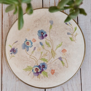 Antique Vintage Ceramic Floral Handpainted Metal Footed Serving Tray