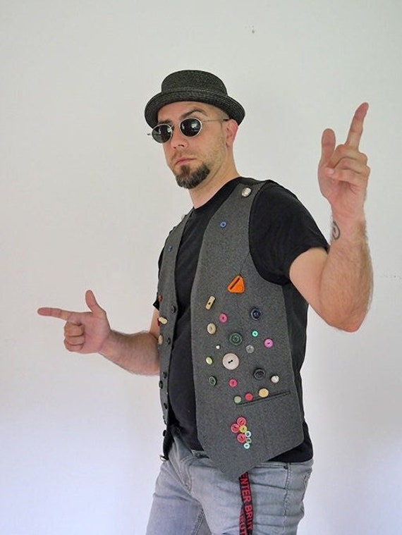 Vintage Reconstructed Vest Mixed Buttons Grey and Bla… - Gem