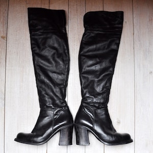 Vintage Black Leather Zip Up Cuffed Tall High Heel Winter Boots by Kelle