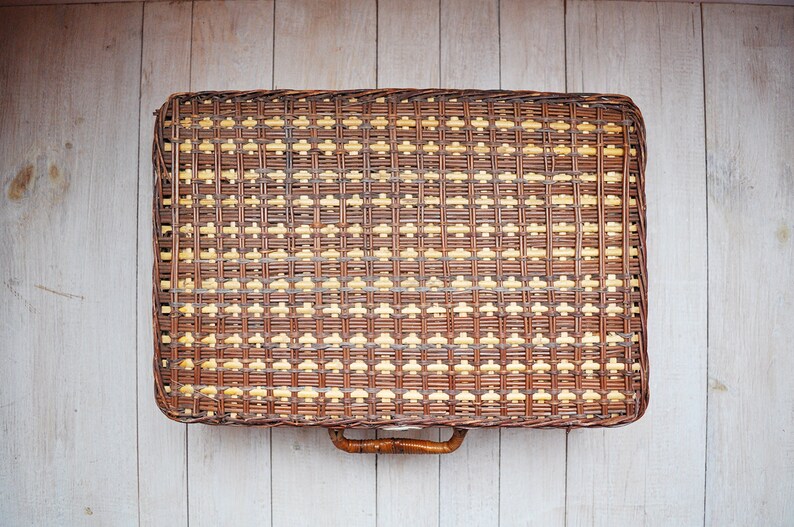 Vintage Two Tone Brown Woven Wicker Picnic Basket