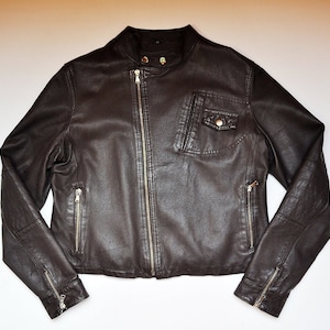 Veste motard en cuir marron foncé à fermeture éclair vintage