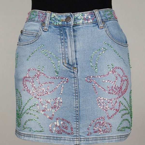 Vintage Hellblau Denim Pailletten Mini Rock