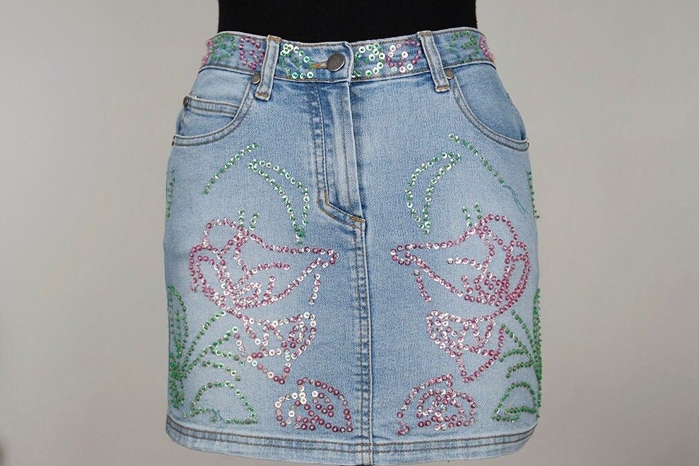 Vintage Light Blue Denim Sequined Mini Skirt
