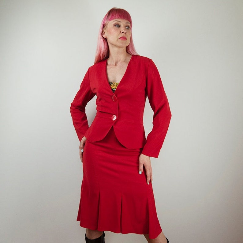 Vintage Red Trumpet Midi Skirt and Peplum Jacket Suit image 1