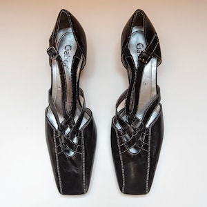 Vintage Gabor Black Leather Square Toe Strappy Pumps