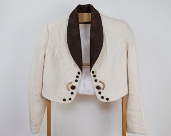 Vintage Cream and Brown Snake Skin Pattern Collar Cropped Open Front Bolero Jacket