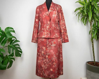 Vintage Fall Leaves Print Silk Two Piece Skirt and Jacket Suit