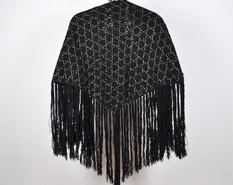 Vintage Black and Gold Hand Knit Fringed Wrap Scarf