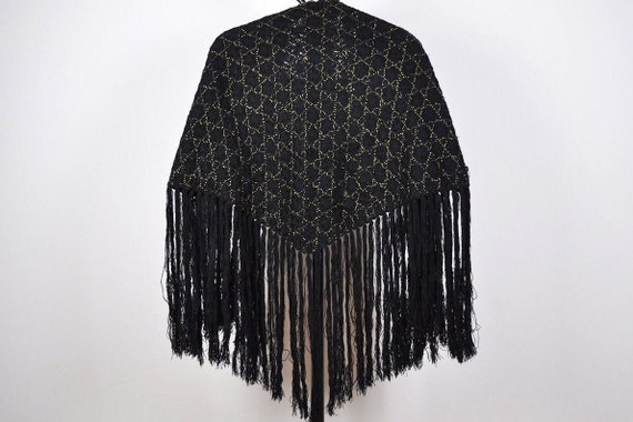 Vintage Black and Gold Hand Knit Fringed Wrap Sca… - image 1