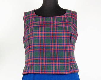 Blusa vintage de lã xadrez sem mangas feita à mão