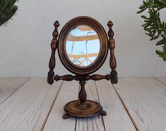 Antique Vintage Rotatable Wooden Makeup / Shaving Vanity Mirror