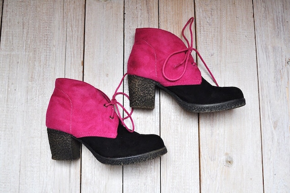 Vintage Pink and Black Faux Suede Colorblock Chun… - image 1