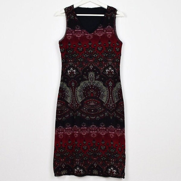 Vintage Red and Black Mesh Sleeveless Stretchy Oriental Print Midi Dress