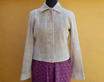 Vintage Beige Pig Suede Cropped Button Up Jacket