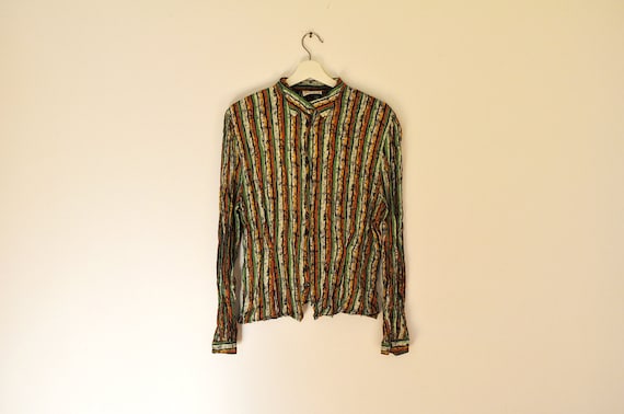 Vintage Colorful Striped Crinkled Button Down Shir