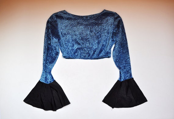 Vintage Blue Velvet Bell Sleeve Crop Top - image 1