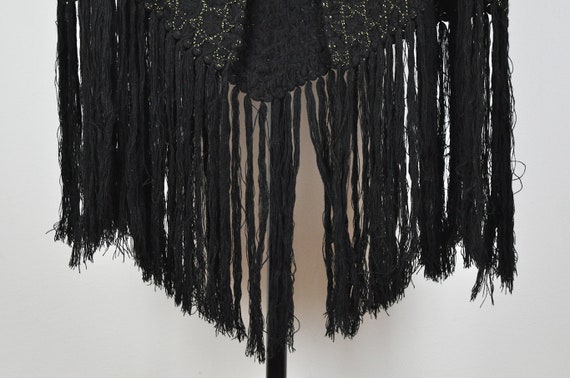 Vintage Black and Gold Hand Knit Fringed Wrap Sca… - image 9