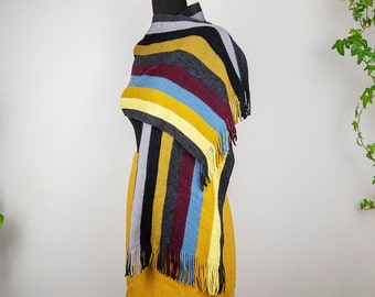 Vintage Multicolor Striped Long Knit Fringe Scarf