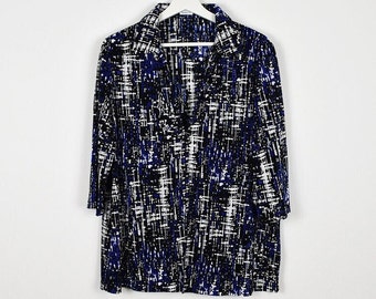 Vintage Oversized Blue Black and White Abstract Print Crinkled Blouse