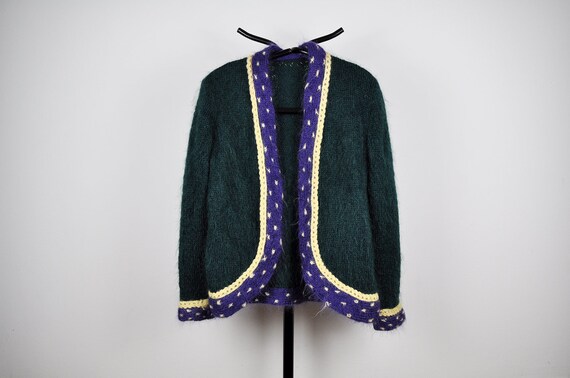 Vintage Hand Knit Pine Green Fuzzy Knit Cardigan