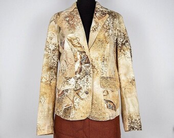 Vintage Beige Printed Stretchy Denim Jacket