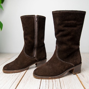 Vintage Dark Brown Suede Leather Zipper Winter Booties