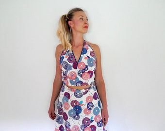 Vintage Floral Two Piece Summer Dress Halter Top And A Line Wrap Skirt Set