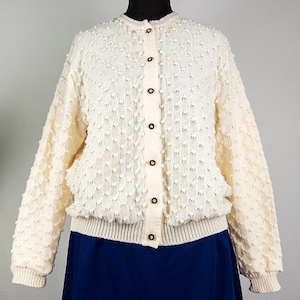 Vintage Cream Hand Knit Popcorn Cardigan Sweater