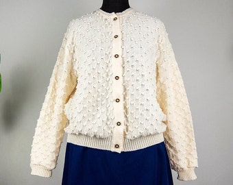 Cardigan Vintage Fait Main – Laine 100% Crème – Taille S (8-10) – Style édouardien