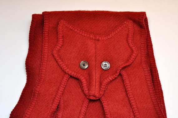 Vintage Brick Red Wool Knit Long Fox Scarf
