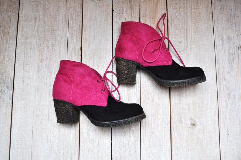 Vintage Pink and Black Faux Suede Colorblock Chunky Heel Lace Up Ankle Booties by Platino