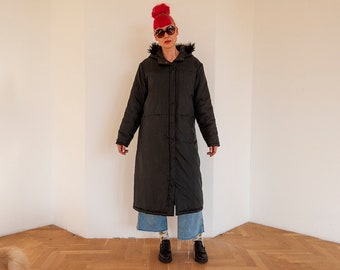 Vintage Black Minimalist Hooded Puffer Parka Coat