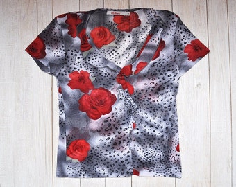 Vintage Grey Animal and Red Floral Print Sheer Stretchy Mesh Short Sleeve Top