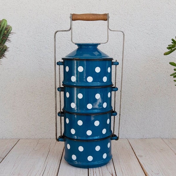 Vintage EMO Celje  Blue Polka Dot 4 Stacked Enamel Bowls with Handle