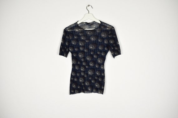 Vintage Blue Printed Sheer Cut Off Mesh Top