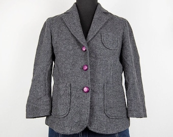 Vintage Grey Wool Cropped Sleeves Blazer