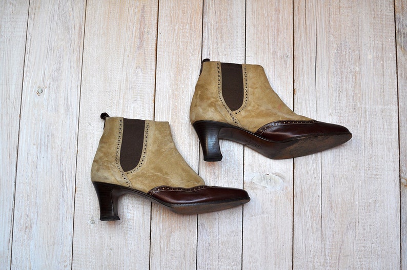 Vintage Two Tone Leather and Suede Wingtip Oxfords Western Ankle Booties