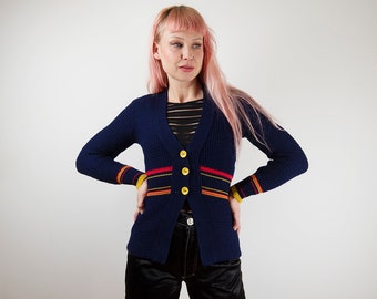 Vintage Navy Fitted Waist V Neck Knit Cardigan