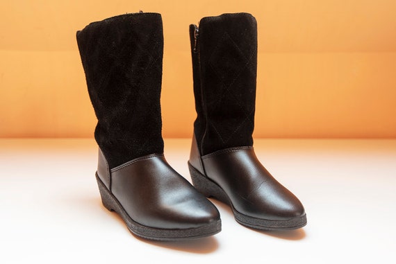 Vintage Black Leather and Suede Winter Boots - image 3