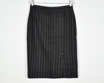 Vintage Grey Wool Pinstripe Classic High Waist Midi Pencil Skirt