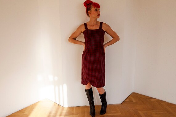 Vintage Red Check Virgin Wool Midi Wiggle Dress