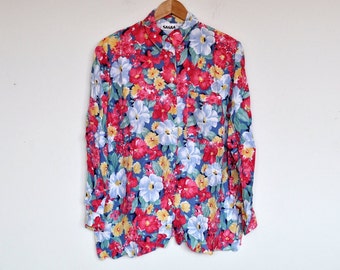 Vintage Bright Floral Long Sleeve Button Up Blouse